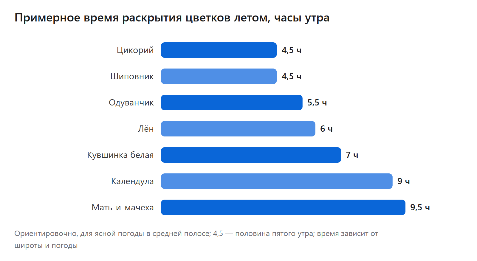 Примерное время раскрытия цветков летом, часы утра